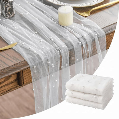 Pearl White 3-Pack 28 x 120 Inch Gauze Table Runner - 10ft, Artoid Mode
