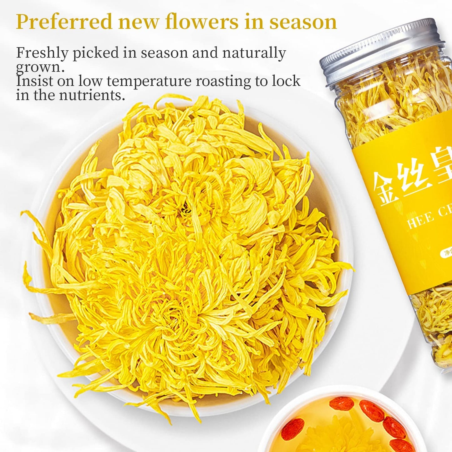 Hee Creek Chrysanthemum Tea Golden Silk Chrysanthemum Tea 1.76oz (50g) Golden-yellow Chrysanthemum Flower Tea, Chinese Herbel Tea Whole Flower Tea Grade AAA (Super Grade) 菊花茶 金丝皇菊