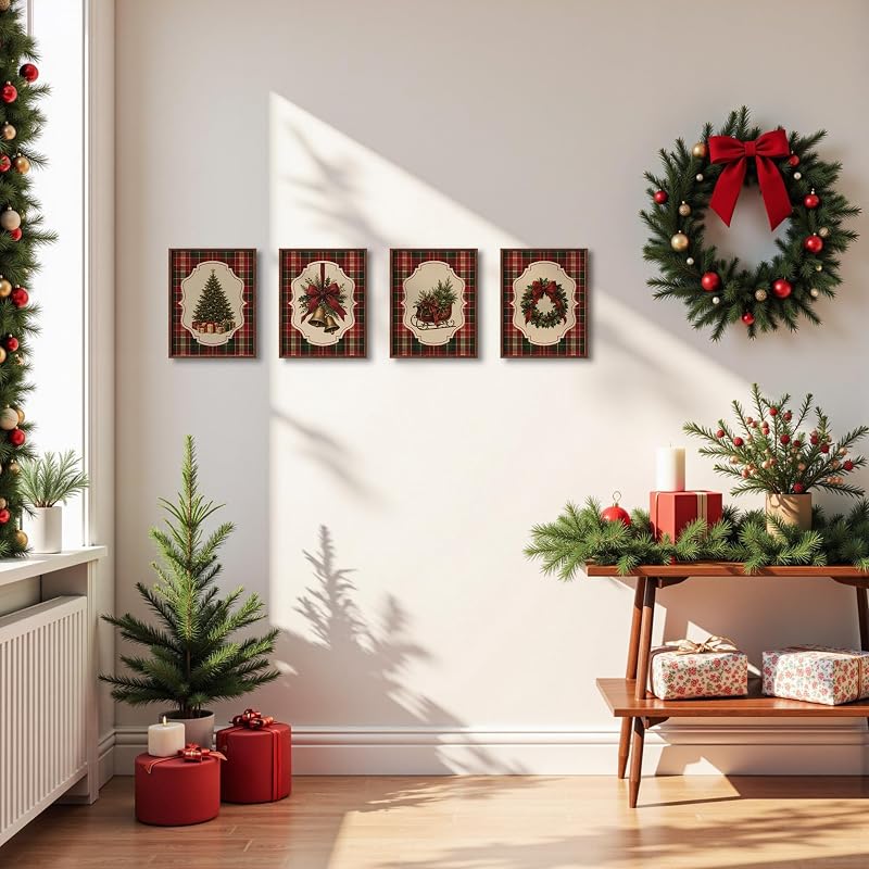 DOFQZ Red and Green Tartan Christmas Wall Art Prints 8x10 Set of 4 — 17Child+8x10