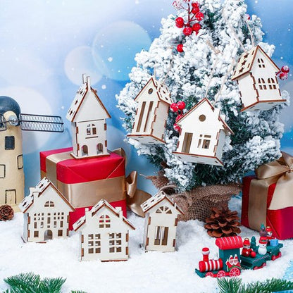 Coume Christmas Wooden Ornaments - 9 Pcs Rustic White House Cutouts for DIY Tree Decorations