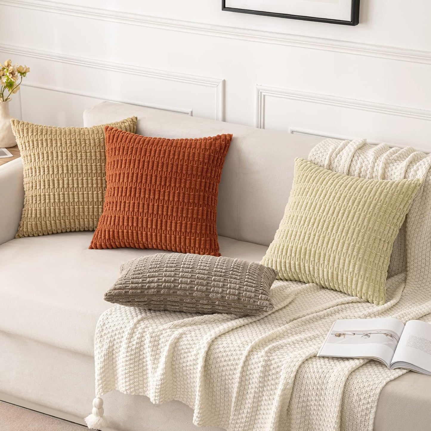 MIULEE Corduroy Throw Pillow Covers - Soft Boho Striped Design | 18x18 Inch for Modern Farmhouse Decor