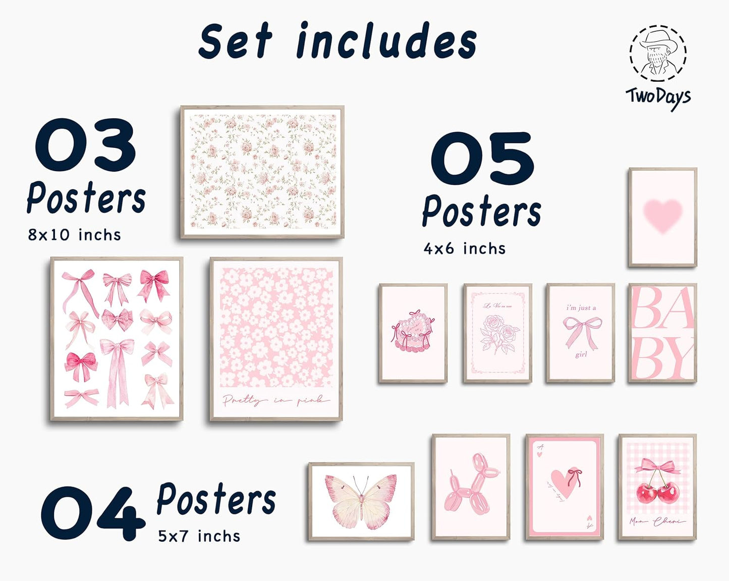 TwoDays Pink Coquette Wall Art Posters - Trendy Aesthetic Decor for Girls' Dorm | Set of 12 Unframed Prints (8" X 10" Largest)