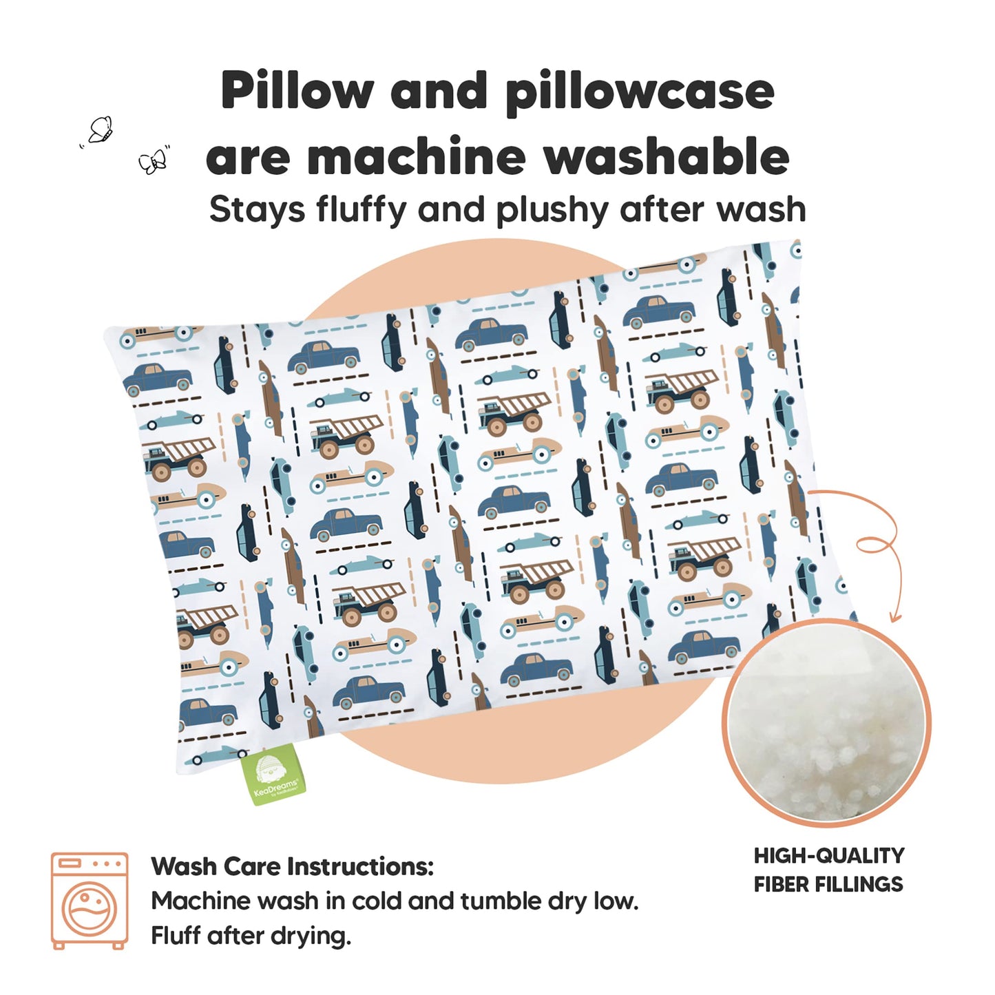 Toddler Pillow with Pillowcase - 13x18 My Little Dreamy Kids Travel Bed Pillows for Sleeping, Organic Cotton Small Pillowcase, Soft & Breathable, Machine Washable, Toddlers 2-5 years old (Vroom)