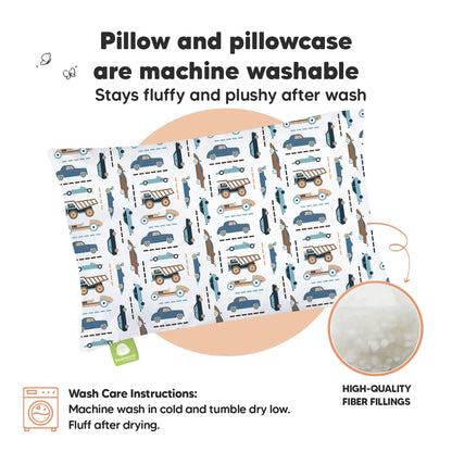 Toddler Pillow with Pillowcase - 13x18 My Little Dreamy Kids Travel Bed Pillows for Sleeping, Organic Cotton Small Pillowcase, Soft & Breathable, Machine Washable, Toddlers 2-5 years old (Vroom)