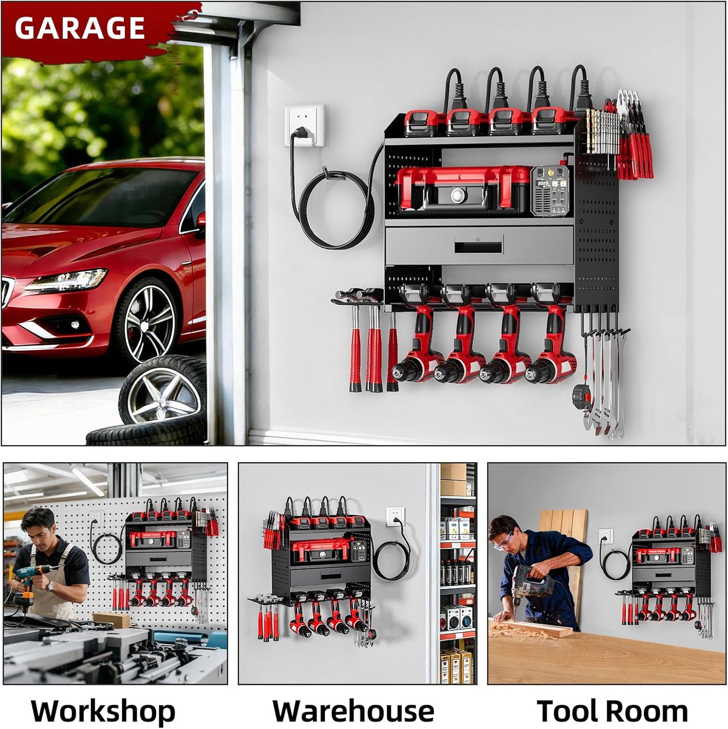 Power Tool Organizer - Heavy Duty Wall Mount Storage Rack | 130 lbs Capacity, 4 Layers, 6 Drill Holders