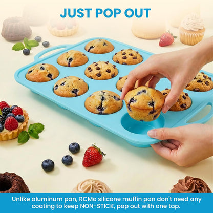 Skiennix Silicone Muffin Pan - 12-Cup BPA-Free Baking Tray with Metal Reinforced Frame | Blue