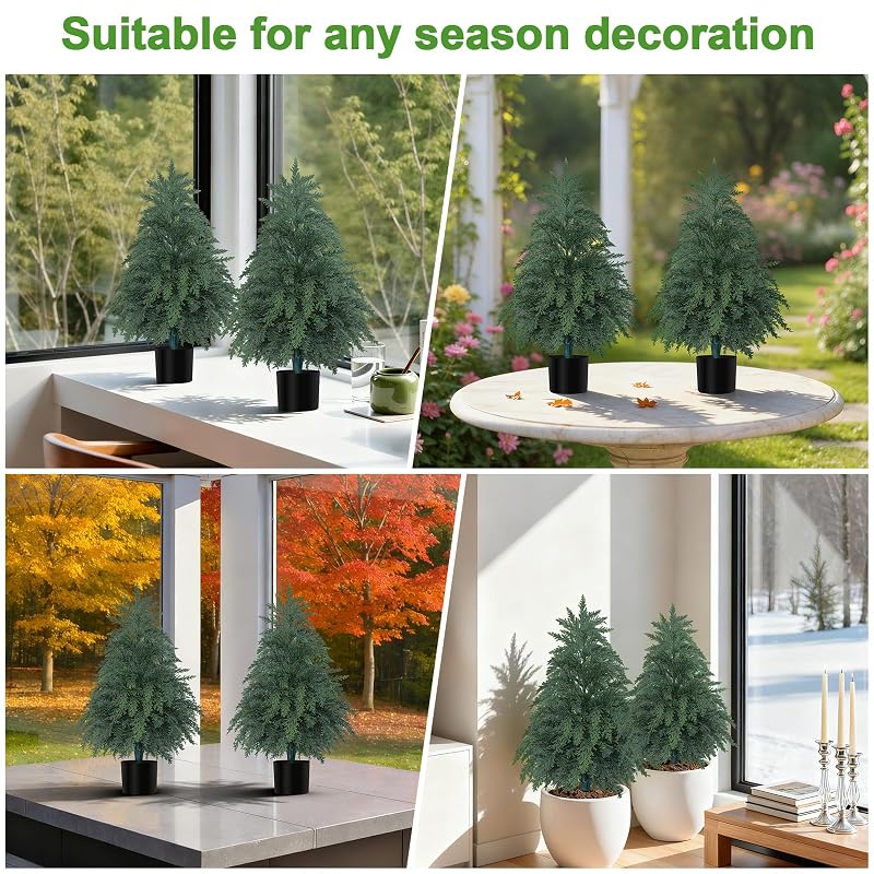 2FT Artificial Topiary Cedar Trees with Pot – 2 Pack, Faux Plants