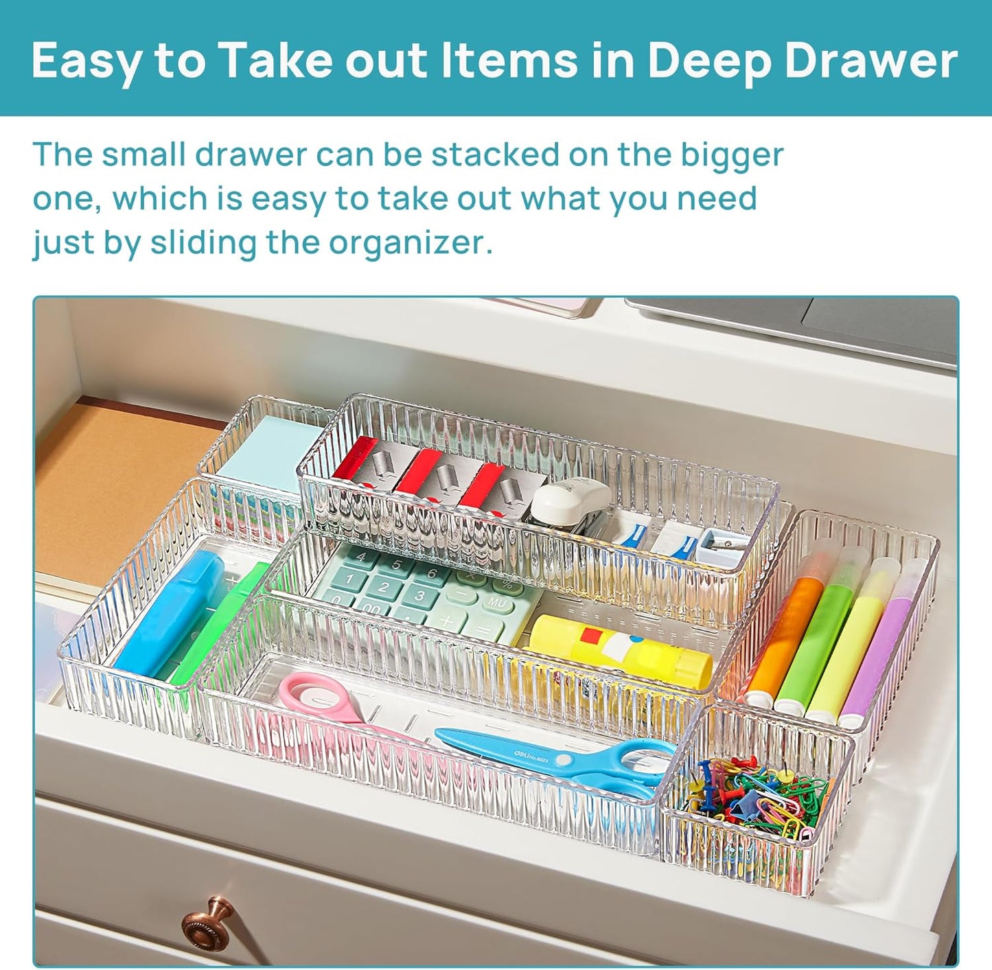 Vtopmart 7-Piece Clear Drawer Organizer Set - Stackable Acrylic Trays for Makeup, Office Supplies & Kitchen Utensils