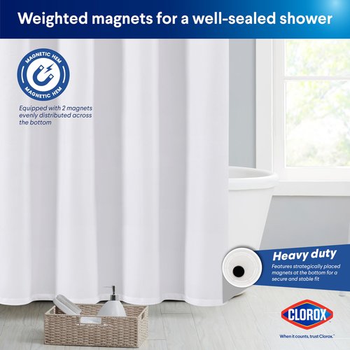 Clorox 2-in-1 Bathroom Shower Curtain Liner w Metal Hooks, Durable Fabric, Weighted Magnets for Bath Water Control, Washable Premium Quality, Modern - 72" x 72" White