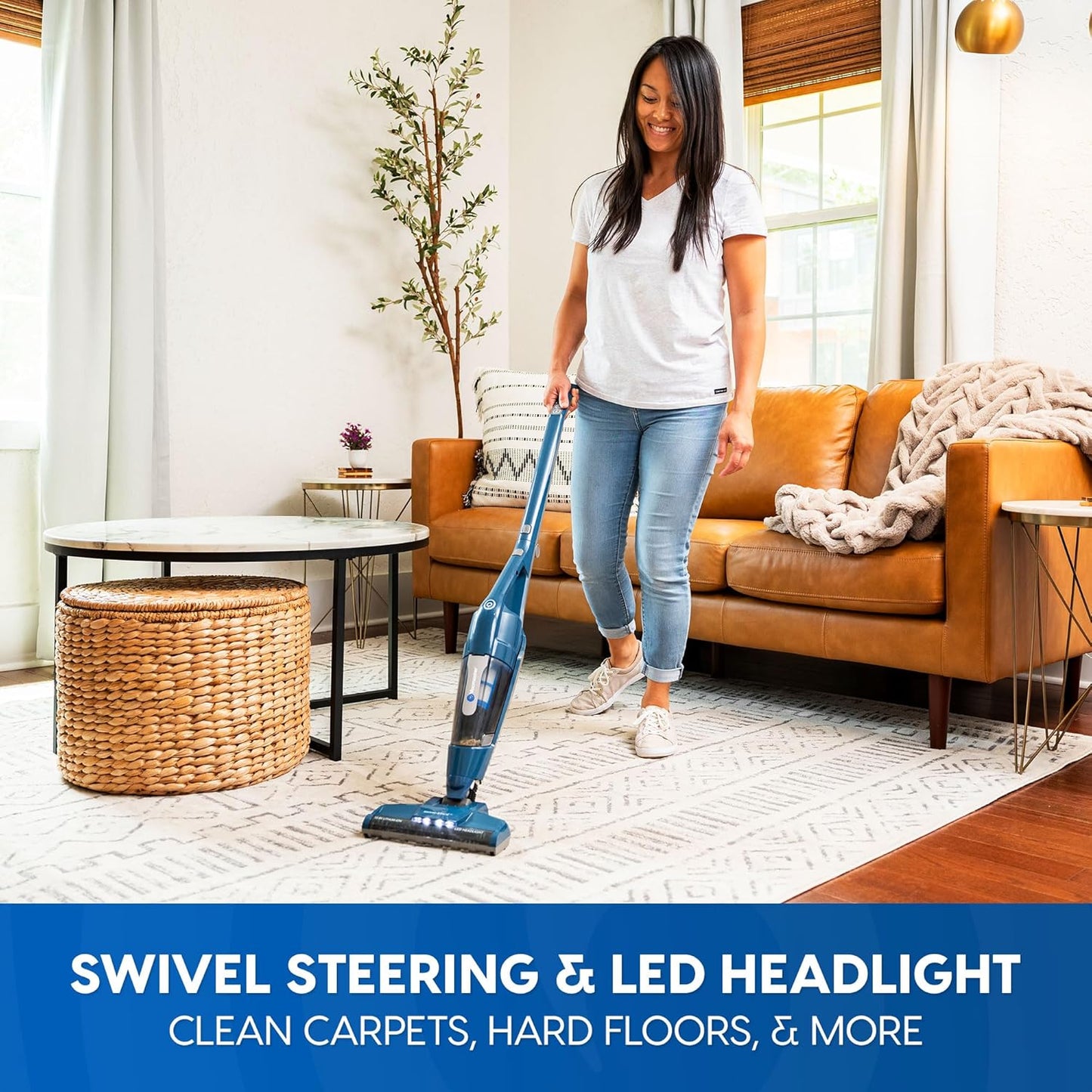 Vacmaster Portable Cordless 2-in-1 Vacuum Cleaner - Lightweight, 2-Speed Power Control, LED Headlight | Ideal for Hardwood Floors, Carpets & Pet Hair - Blue