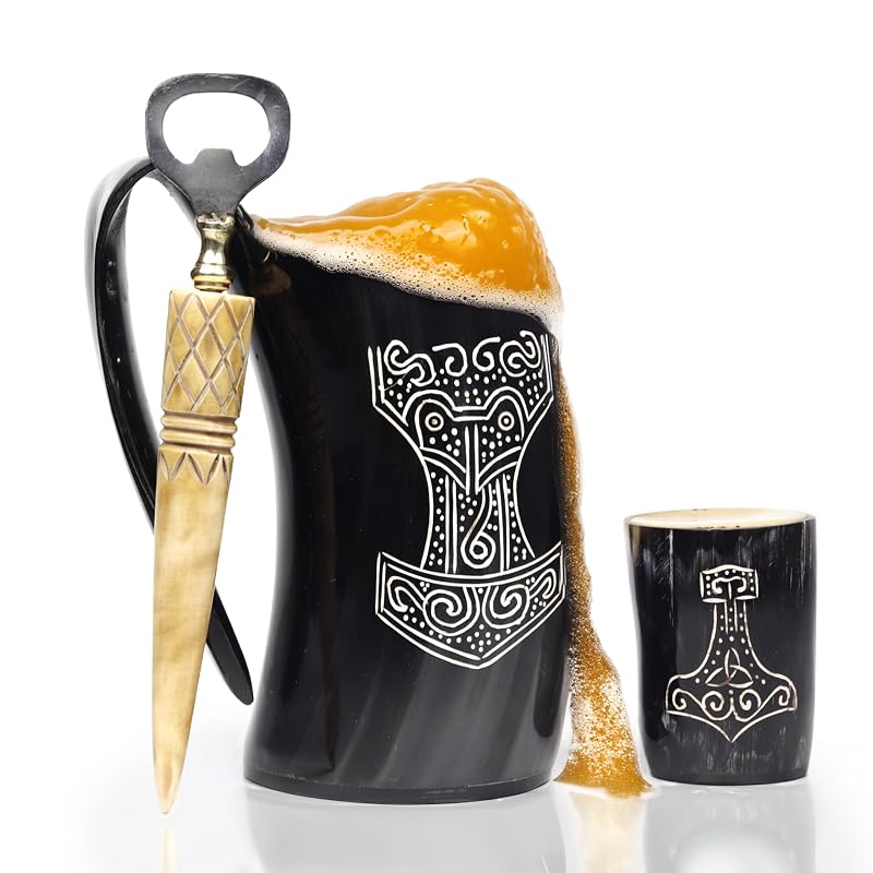 Thor Variation: Handcrafted Ox Horn Mugs 3-Piece Set with Shot Glass & Opener