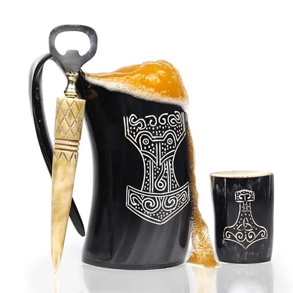Thor Variation: Handcrafted Ox Horn Mugs 3-Piece Set with Shot Glass & Opener