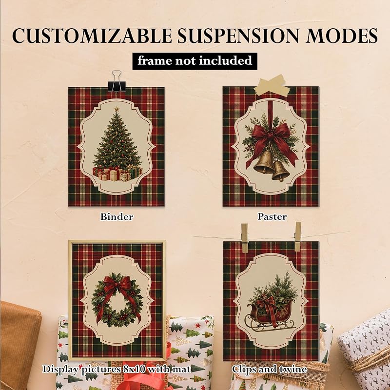DOFQZ Red and Green Tartan Christmas Wall Art Prints 8x10 Set of 4 — 17Child+8x10