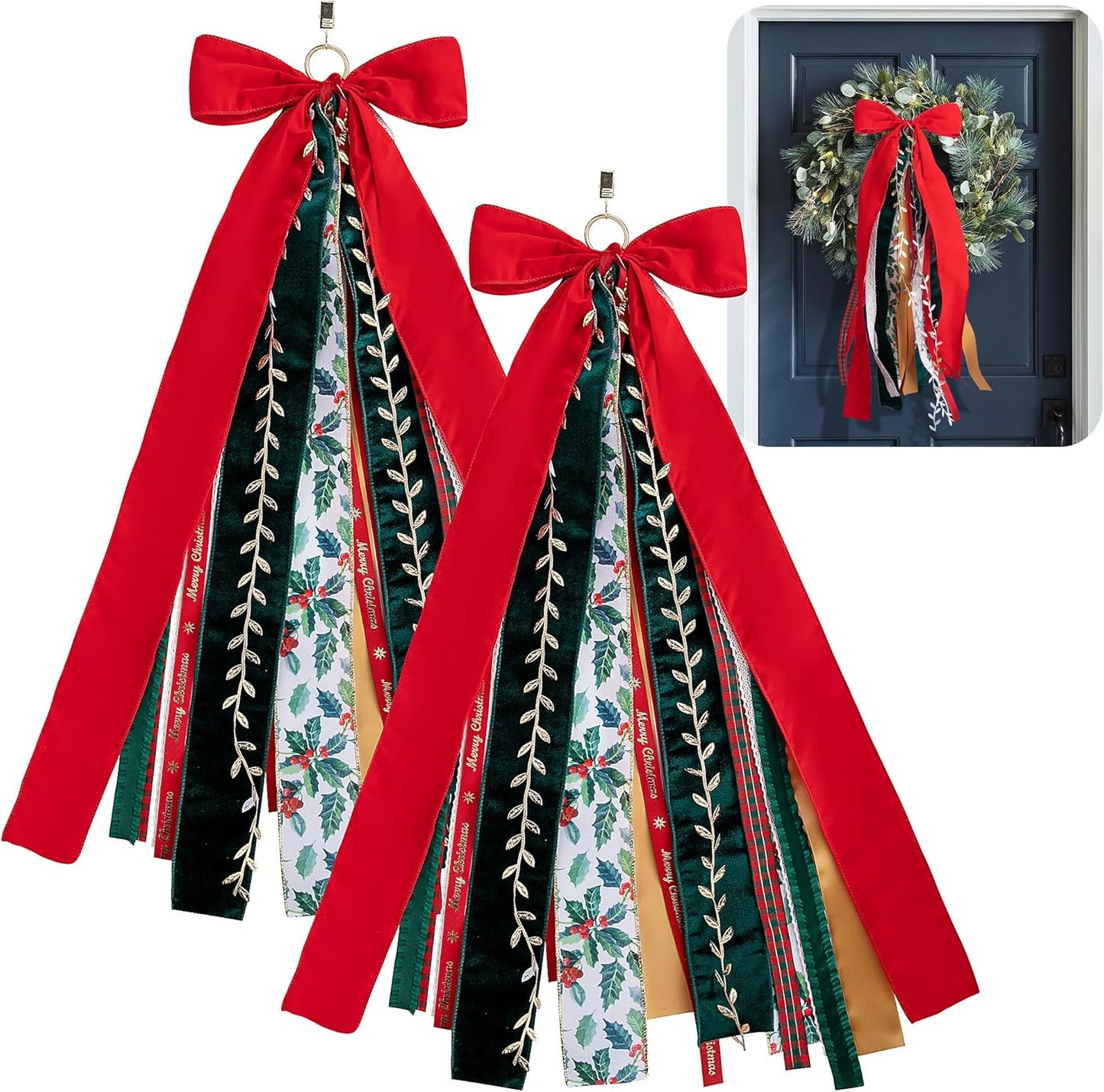 RunNico Christmas Ribbon Bow Set - 2 Pcs Assorted Clip-On Wreaths | 30'' x 20'' Red & Green Decor