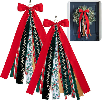 RunNico Christmas Ribbon Bow Set - 2 Pcs Assorted Clip-On Wreaths | 30'' x 20'' Red & Green Decor