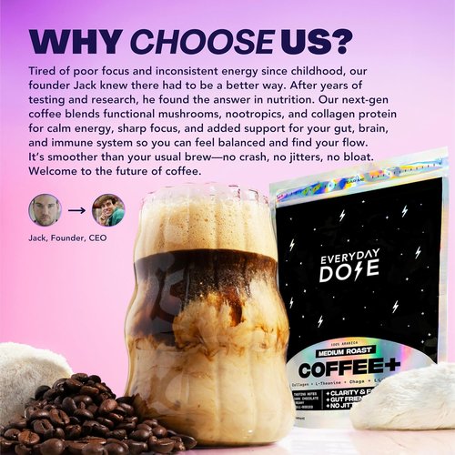 Everyday Dose Bold Medium Roast Mushroom Coffee - 90mg Caffeine, Grass-Fed Collagen & Superfoods | 30 Servings