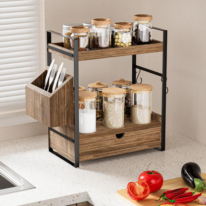 Skiennix 2-Tier Bathroom Counter Organizer - Stylish Wood Storage with Drawer & Basket | Dark Brown