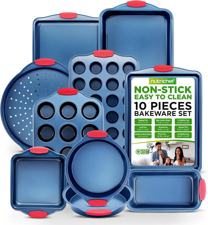 NutriChef 10-Piece Nonstick Bakeware Set | Premium Carbon Steel Pans with Silicone Handles - Blue