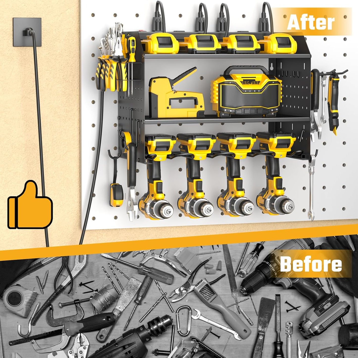 ZESEN Power Tool Organizer - 3-Layer Wall Mount Charging Station with 6 Outlets & Drill Holders | Black