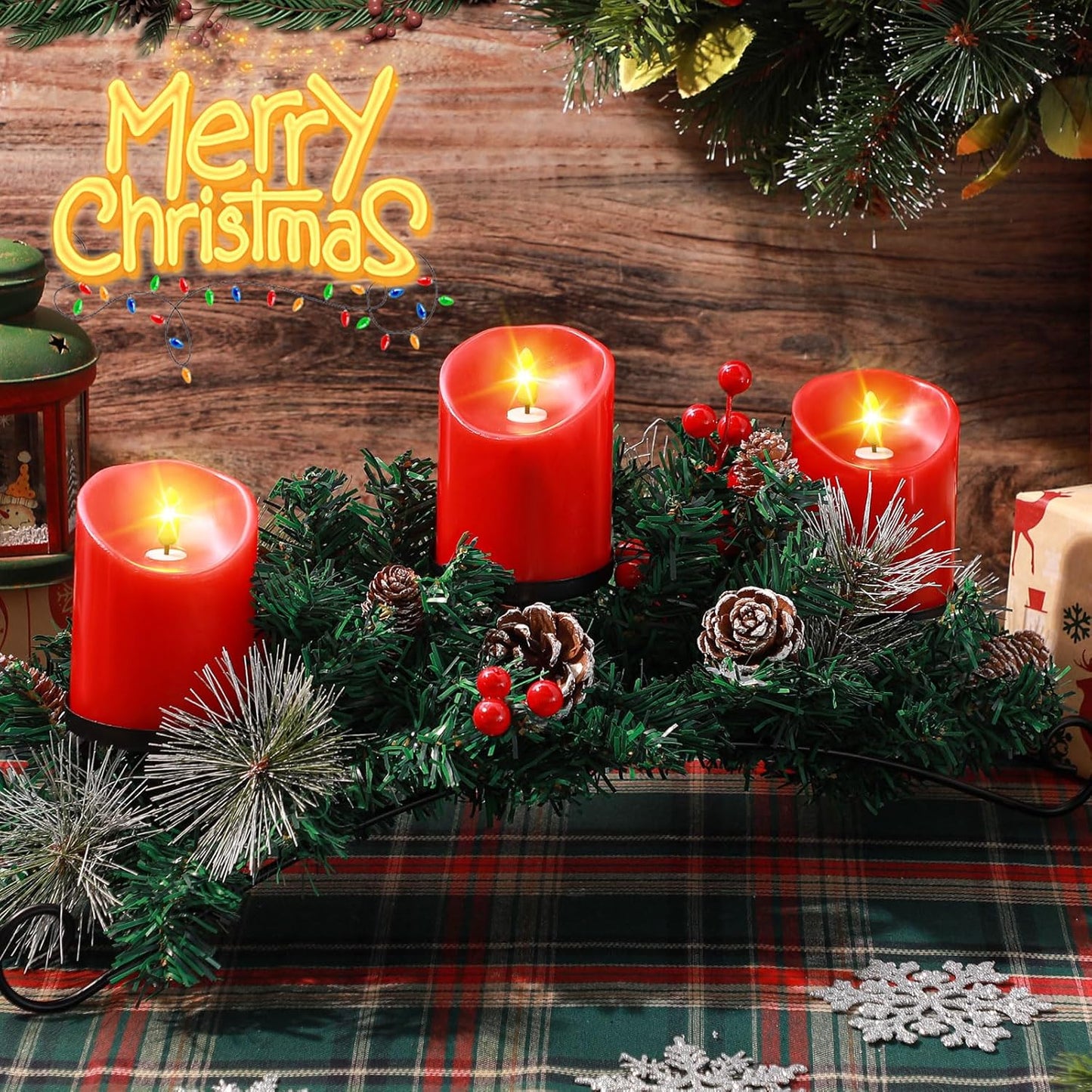 Mudder Christmas Table Centerpiece Set - 20" Steel Base with 3 Flameless LED Candles & Red Berry Decor