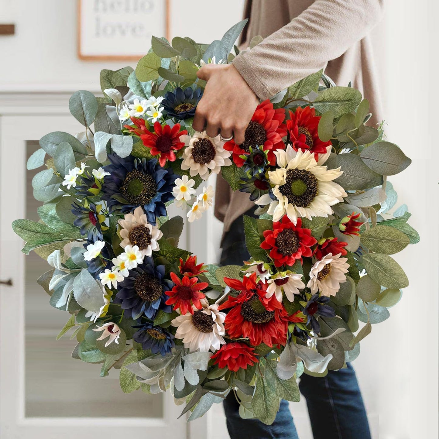 WANNA-CUL 24-Inch Patriotic Sunflower Wreath - Red, White & Blue 4th of July Door Decor