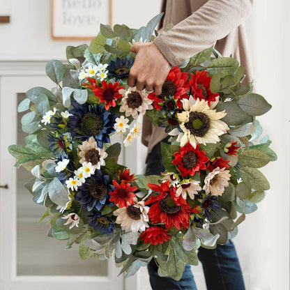 WANNA-CUL 24-Inch Patriotic Sunflower Wreath - Red, White & Blue 4th of July Door Decor