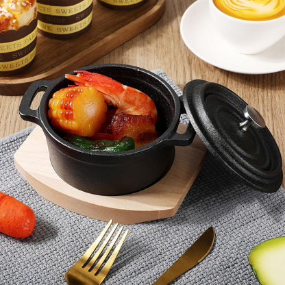 Skiennix 20 oz Dutch Oven Pot - Pre-Seasoned Cast Iron Casserole with Lid & Wooden Base | Heavy-Duty Mini Cocotte in Black