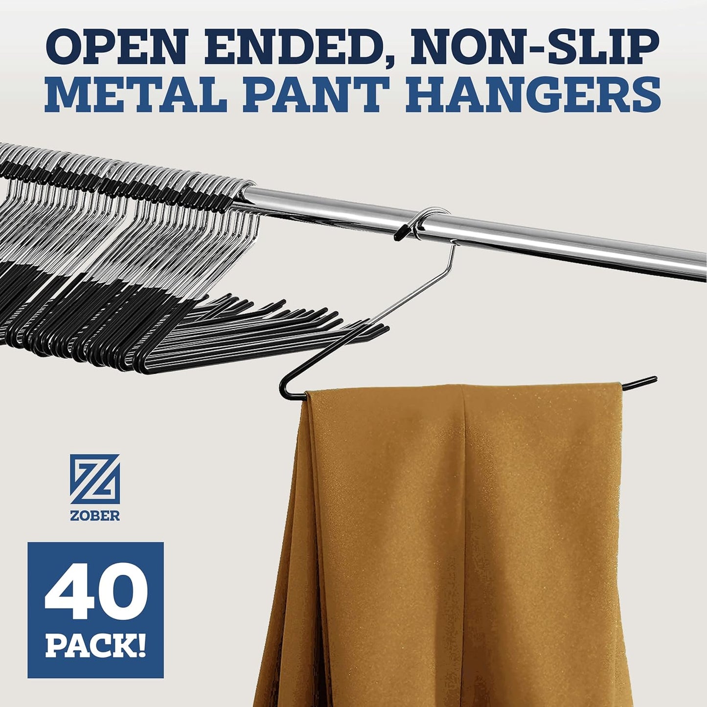 Zober Non-Slip Pants Hangers - 40 Pack Open-Ended Metal Hangers for Jeans & Clothes | Durable & Space-Saving (Black)