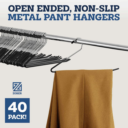 Zober Non-Slip Pants Hangers - 40 Pack Open-Ended Metal Hangers for Jeans & Clothes | Durable & Space-Saving (Black)