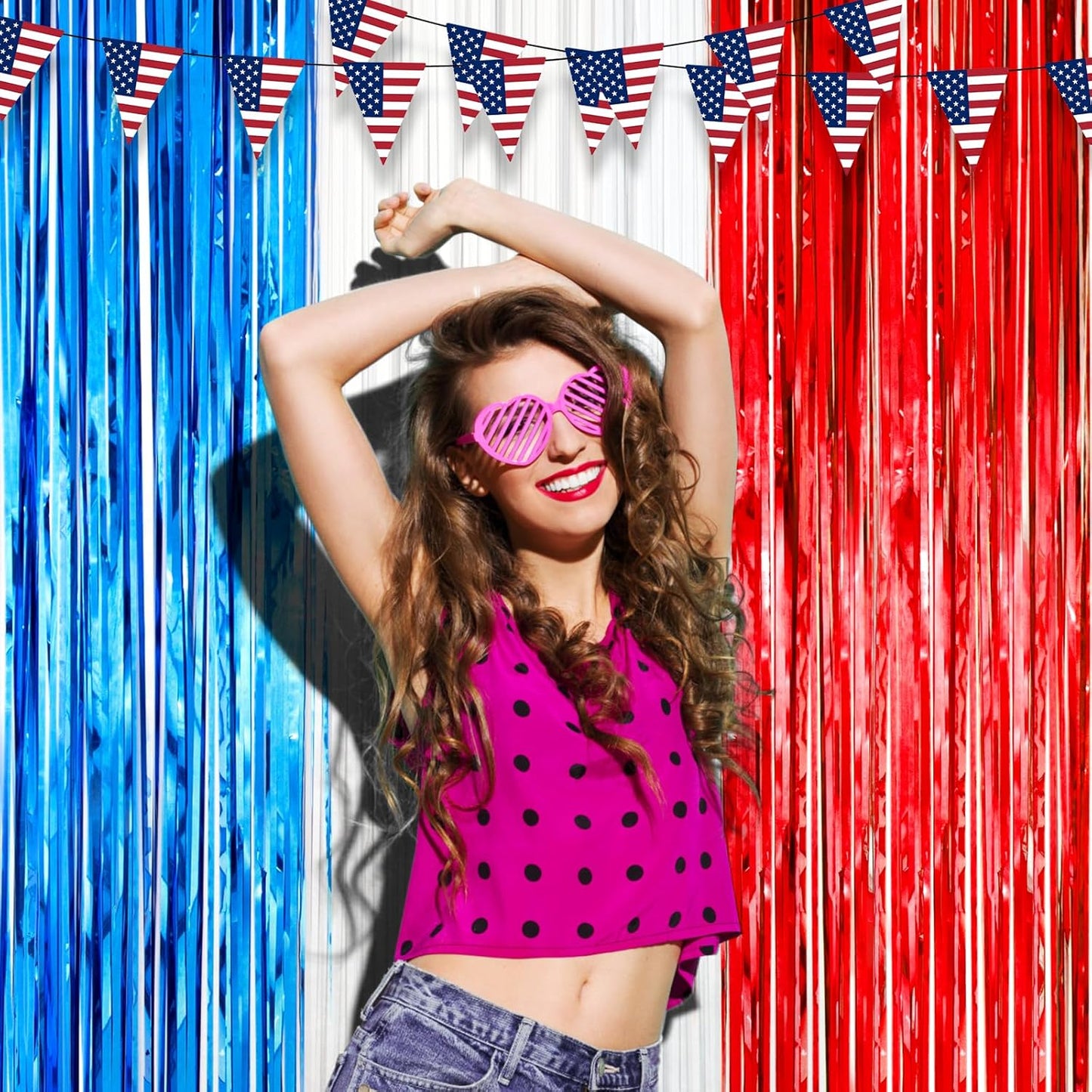 Voircoloria Red, White & Blue Foil Fringe Backdrop Curtains - 3 Pack Tinsel Streamers for Patriotic Celebrations | 3.3 x 8.2 ft