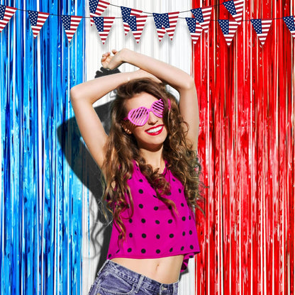 Voircoloria Red, White & Blue Foil Fringe Backdrop Curtains - 3 Pack Tinsel Streamers for Patriotic Celebrations | 3.3 x 8.2 ft