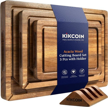 Kikcoin Wooden Cutting Boards Set - 3 PCS Kitchen Chopping Boards with Holder & Juice Groove