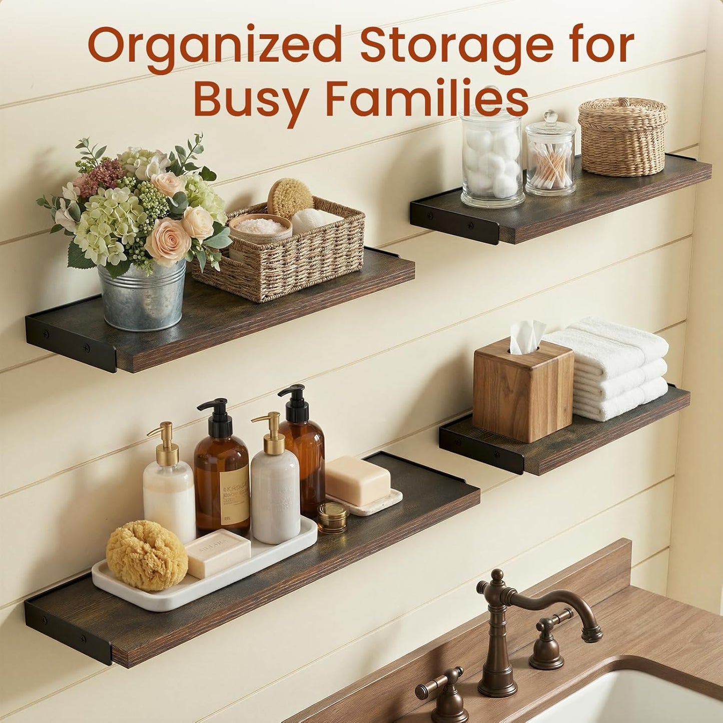 BAYKA Floating Wall Shelves - Rustic Wood Storage for Bathroom, Living Room & Kids' Rooms | Set of 4