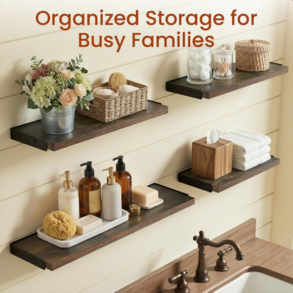 BAYKA Floating Wall Shelves - Rustic Wood Storage for Bathroom, Living Room & Kids' Rooms | Set of 4