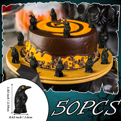 Skiennix Miniature Crows Decor - 50 Pcs Black Resin Raven Figurines for Holiday & Party Decor