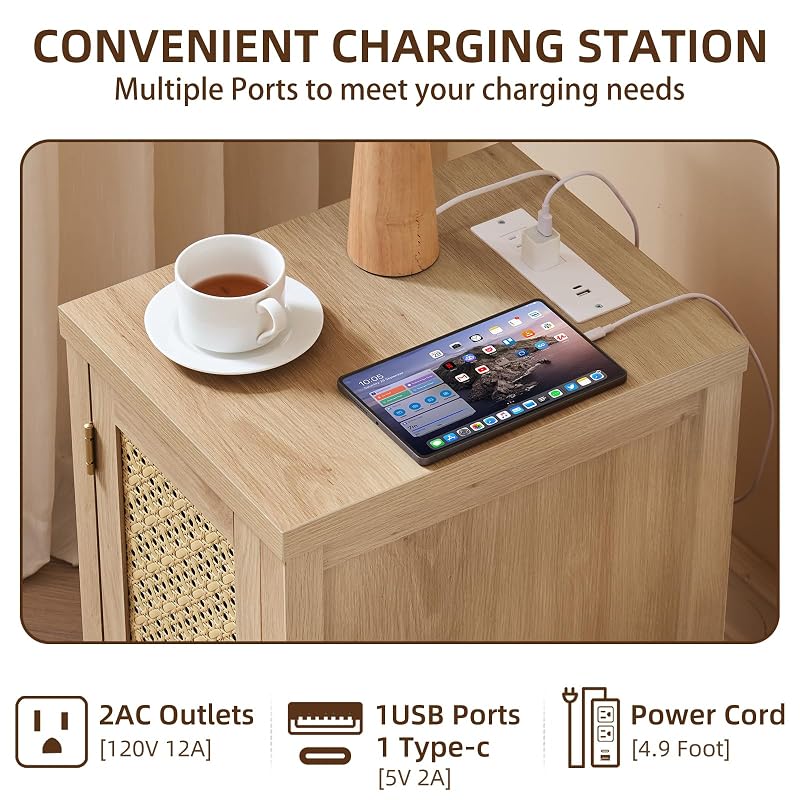 Rattan Nightstand Set of 2 with Charging Station — Natural Wood + Variation of THIS listing