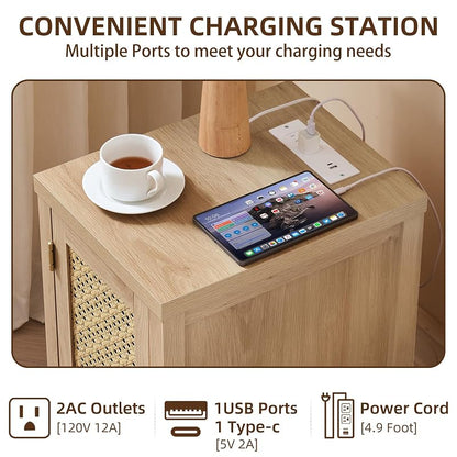 Rattan Nightstand Set of 2 with Charging Station — Natural Wood + Variation of THIS listing