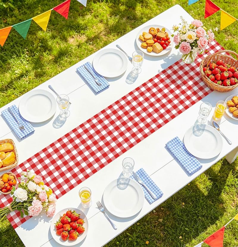 6 Pcs Red Gingham Table Runner – Disposable Plastic 14x108in, 6 Count, Variation: Red Gingham Table Runner+6 PCS