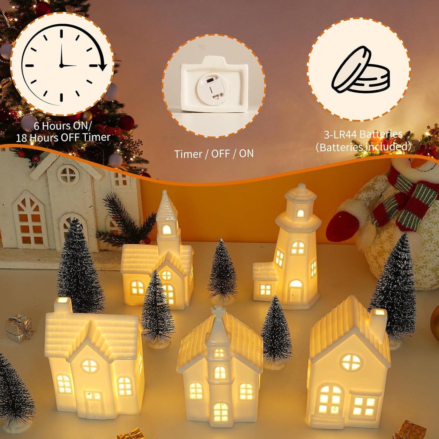 Skiennix 11 Pcs White Ceramic Christmas Village Houses - Light Up Xmas Town Decor with Timer