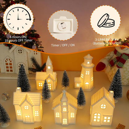 Skiennix 11 Pcs White Ceramic Christmas Village Houses - Light Up Xmas Town Decor with Timer