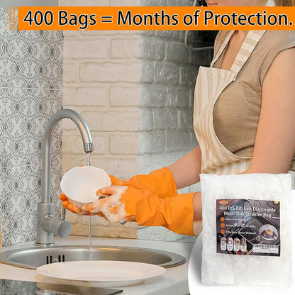 Skiennix Disposable Sink Strainer Bags - Ultra-Fine Elastic Mesh Food Catcher | 400 Pack for Kitchen Drains