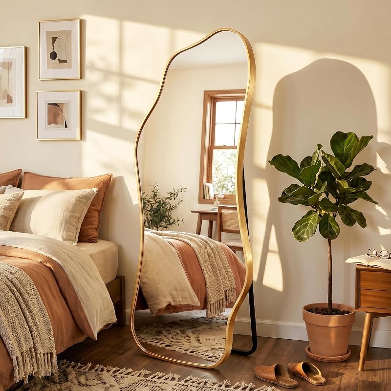 Irregular Full Length Floor Mirror 62.2" x 22.8" with Gold Frame – Wavy Modern Design, 1:1 Reflection