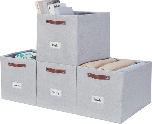 DECOMOMO Storage Baskets - 13x15x13 Cube Bins with Labels for Organized Shelves | Light Grey (4-Pack)