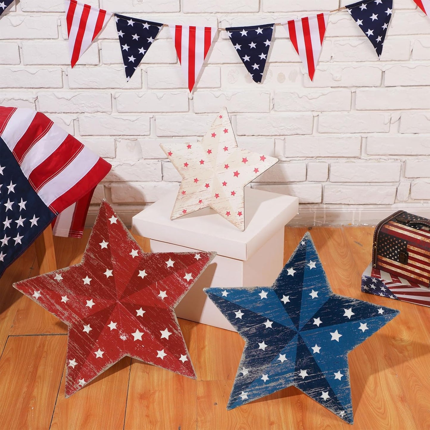 Patriotic 3D Wood Star Decor by [Brand Name] - 3 Pcs Red, White & Blue Yard Signs for 4th of July