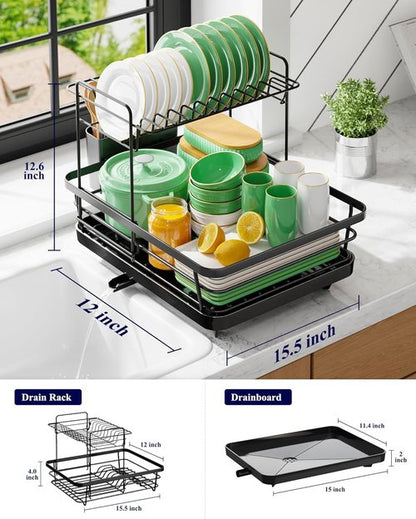 Kitsure Dish Drying Rack - Stainless Steel Kitchen Organizer with Cutlery Holder | 12"W x 15.5"L, Black