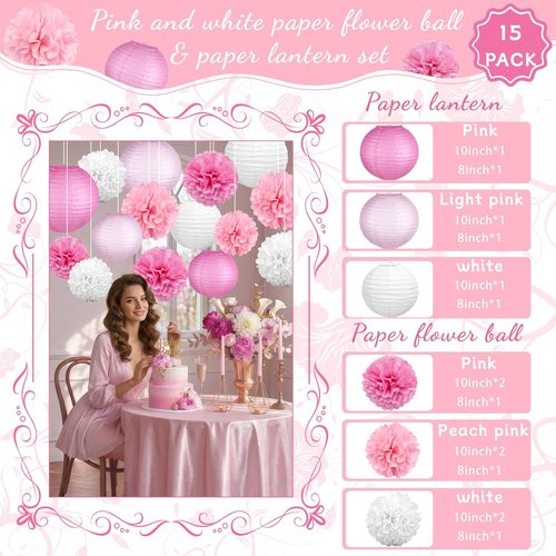 KAXIXI Pink Party Decorations - 15 Pcs Hanging Paper Lanterns & Tissue Pom Poms for Baby Showers & Birthdays