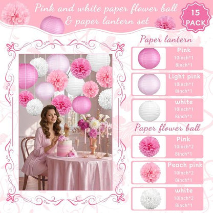 KAXIXI Pink Party Decorations - 15 Pcs Hanging Paper Lanterns & Tissue Pom Poms for Baby Showers & Birthdays