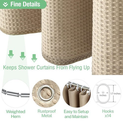 Dynamene Extra Wide Shower Curtain - 84 Inch Wide Waffle Weave Weighted Thick Cloth Bathroom Shower Curtain, Neutral Heavy Duty Hotel Bath Curtain Set with 14 Plastic Hooks, 84x72, Beige/Khaki