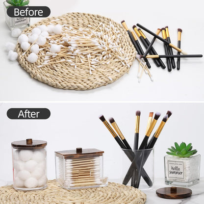 Tbestmax Qtip Holder - 4 Pack Cotton Ball & Swabs Dispenser with Bamboo Lids | 10/7oz Apothecary Jar (Brown)