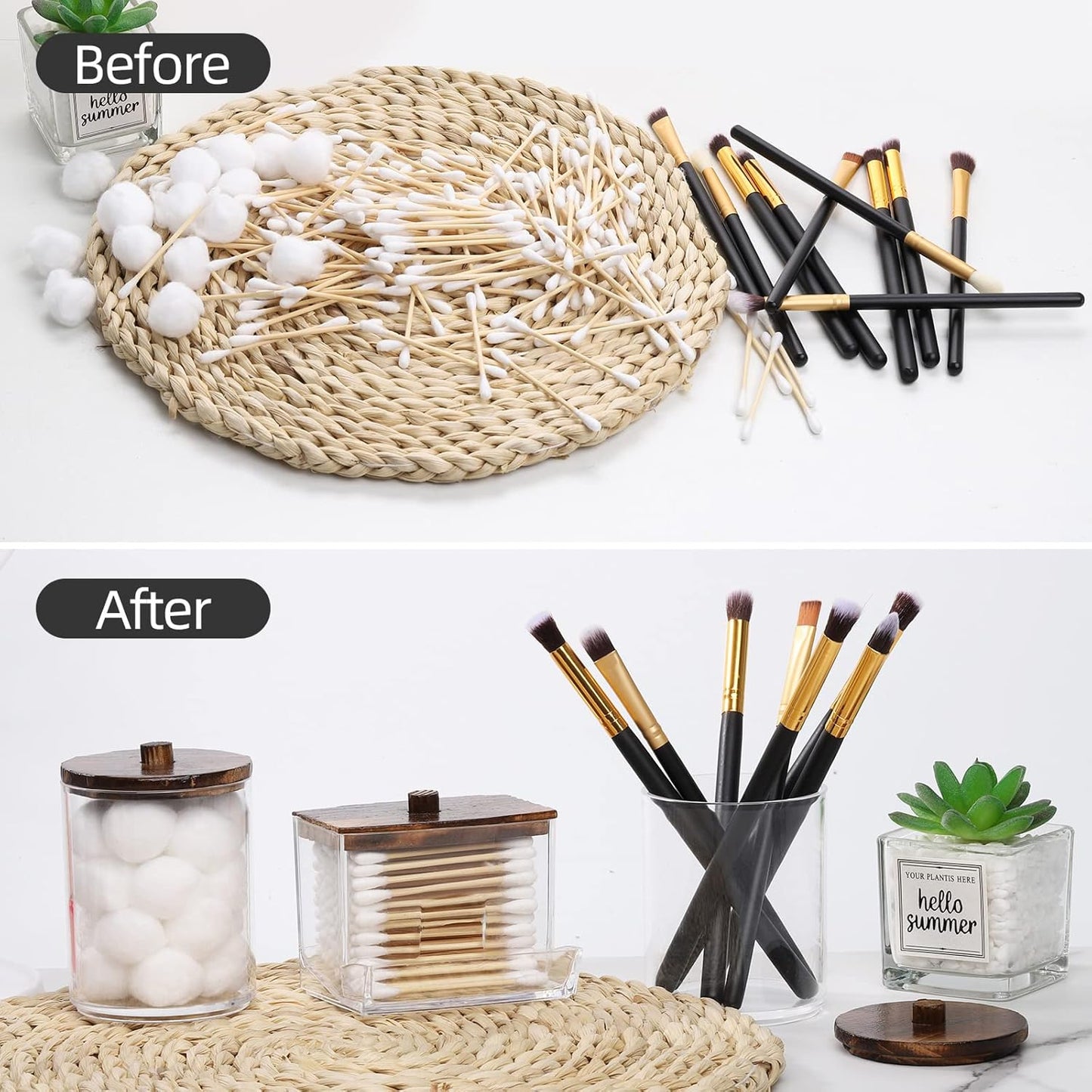 Tbestmax Cotton Swab Holder - 10 OZ Apothecary Jar Organizer with Brown Wood Lid for Bathroom Storage